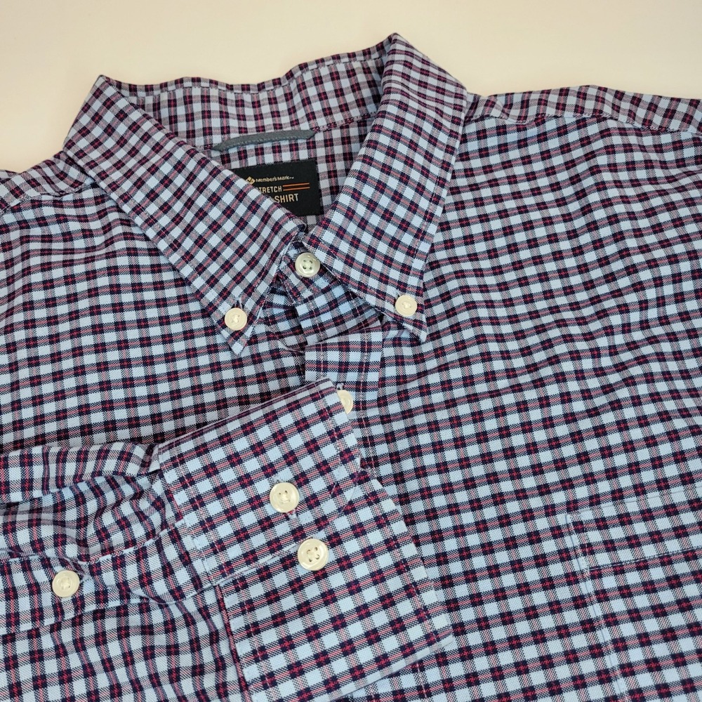 Member's Mark Oxford Shirt Mens XXL Blue Red Excellent Stretch Gingham Plaid